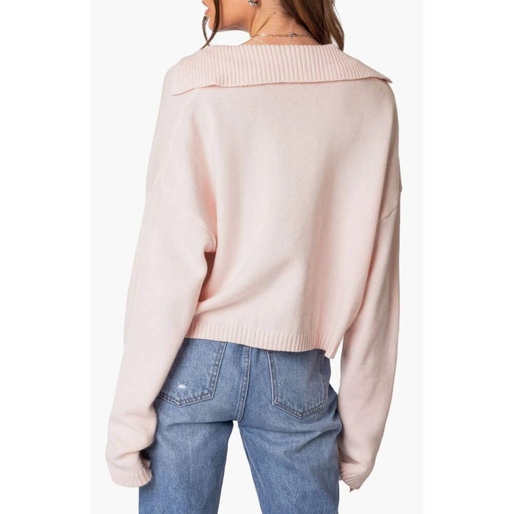 Edikted Marcie  Johnny Collar Light Pink Oversize Crop Sweater - Picture 2 of 6